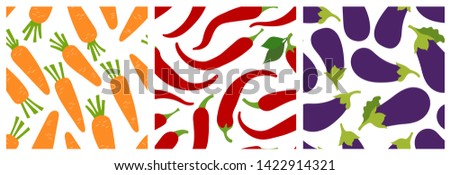 Vegetables seamless pattern set. Carrot, pepper, eggplant. Fashion design. Food print for clothes, linens or curtain. Hand drawn vector sketch background collection