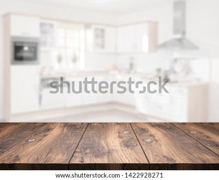 wooden table top in front of blurred kitchen - 3D Illustration