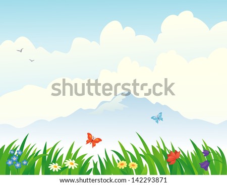 Vector illustration of beautiful flowers and grass at the mountains
