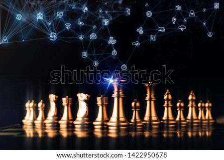 business strategy brainstorm chess board game with hand touch black background and connecting virtual icon line 