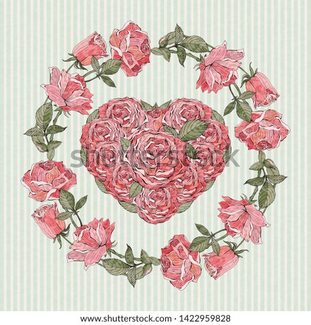 Flower cards with red and pink roses and heart. Romantic background. Vector illustration. Beautiful retro design for wedding invitations, cards, banners. Realistic style.