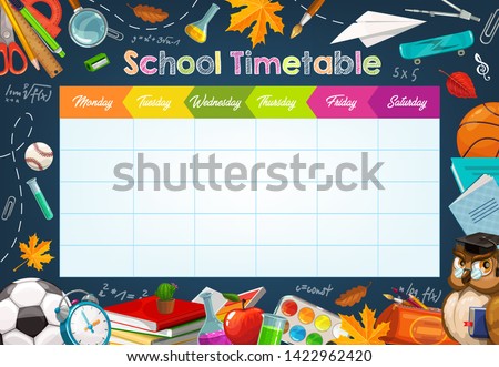 School timetable, weekly classes schedule on blackboard background. Vector school timetable chalk sketch schedule, education supplies and student study items, basketball ball, books and pens Royalty-Free Stock Photo #1422962420