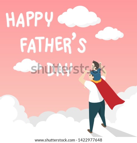 vector of happy father's day greeting card. Dad in superhero's costume giving son ride on shoulder with text happy father's day over the white cloud on pink background Royalty-Free Stock Photo #1422977648