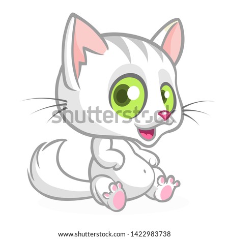 Pretty and cute white cat cartoon with fluffy tail waving