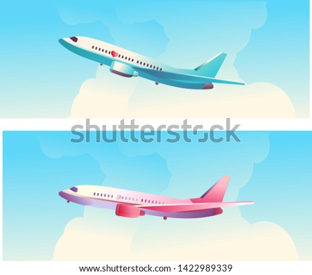 horizontal poster, vector illustration, set of two banners flying ponebu airplanes