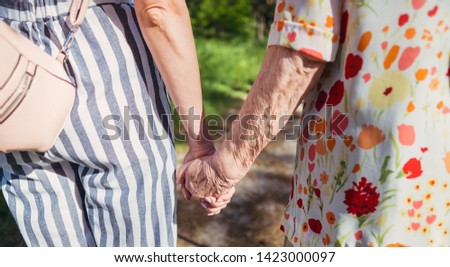 Grandmother and granddaughter hold hands and walk in the park