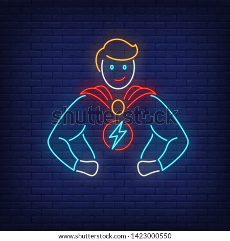 Confident superman neon sign. Leadership, power, protector design. Night bright neon sign, colorful billboard, light banner. Vector illustration in neon style.