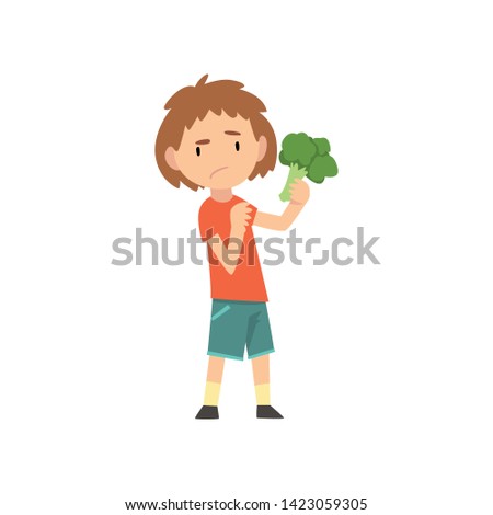 Cute Boy Does Not Want to Eat Brokkoli, Child Does Not Like Healthy Food Vector Illustration Vector Illustration
