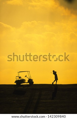Silhouette of a golf cart and a golfer swinging a club. Royalty-Free Stock Photo #142309840