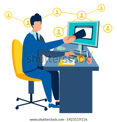 Handshake through computer monitor. Metaphor of remote collaboration through computer network or Internet. Cartoon vector illustration