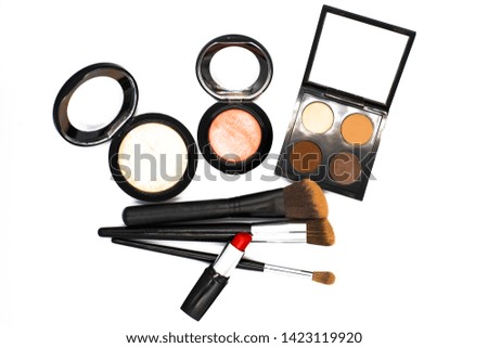 set of professional decorative cosmetics, makeup tools and accessory on white background with copy space for text. beauty, fashion, party and shopping concept. flat lay frame composition, top view.