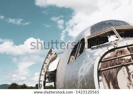 Passenger plane wreck in jungle, Abandoned airplane, Vintage concept