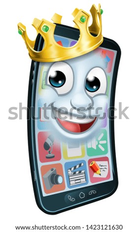 A mobile phone cartoon character mascot wearing a gold king crown 