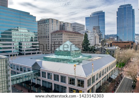 Aerial View of Pioneer Courthouse Square and Shopping Center in Downtown Portland, Oregon, USA