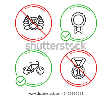 Do or Stop. Bicycle, Reward and Laureate medal icons simple set. Best rank sign. Bike, Best medal, Laurel wreath. Sports set. Line bicycle do icon. Prohibited ban stop. Good or bad. Vector