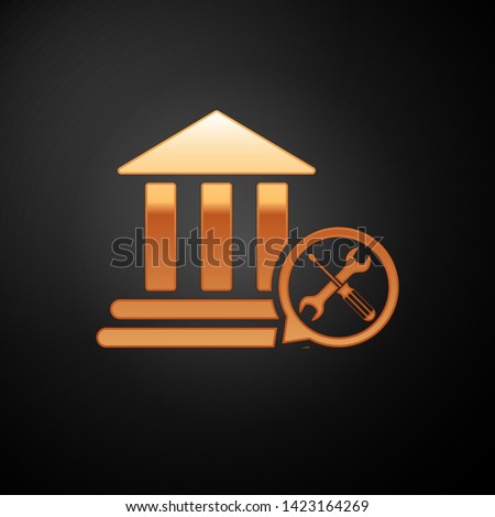Gold Bank building with screwdriver and wrench icon isolated on black background. Adjusting, service, setting, maintenance, repair, fixing.  Vector Illustration