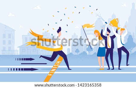 Running Man Crosses Finish Line. People Meet Firework Man at Finish. From Poverty to Wealth. Achive Goal. Vector Illustration. Way to Victory. Financial Stability. Business Plan Save Money. Royalty-Free Stock Photo #1423165358