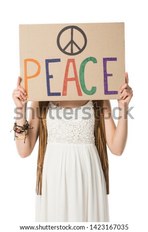 pregnant hippie woman holding placard with inscription isolated on white