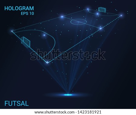 Hologram Futsal. Holographic projection of Futsal. Flickering energy flux of particles. The scientific design of the sport. Royalty-Free Stock Photo #1423181921