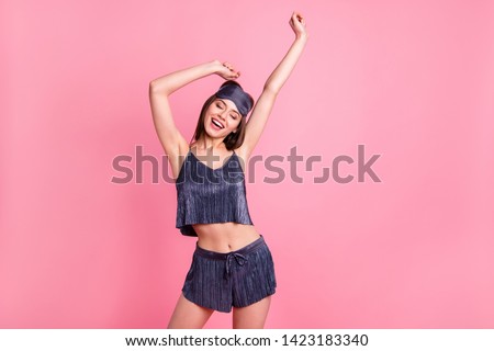 Portrait of her she nice-looking attractive winsome adorable fashionable lovable lovely charming cheerful cheery straight-haired lady having fun isolated over pink pastel background Royalty-Free Stock Photo #1423183340