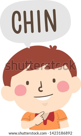 Illustration of a Kid Boy Pointing to His Chin and Saying Chin as Part of Naming Body or Face Parts Series