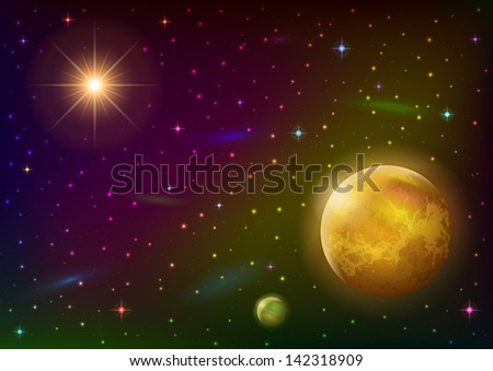 Fantastic space background with unexplored yellow planet, satellite, sun, stars and nebulas. Elements of this image furnished by NASA. Vector eps10, contains transparencies