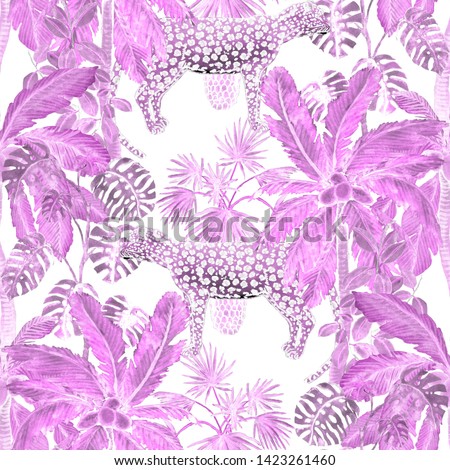 Watercolor seamless pattern with leopard in rainforest. Jungle palms, leaves. Leopard seamless background. Tropical background. Exotic animalistic seamless pattern. Fashion style summer print 