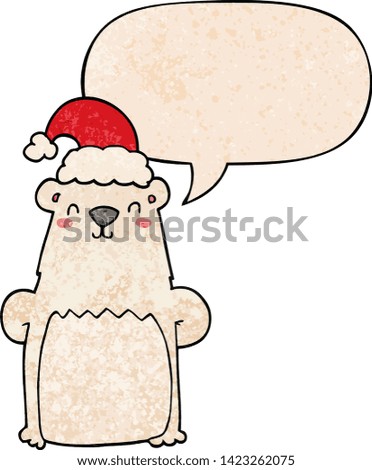 cartoon bear wearing christmas hat with speech bubble in retro texture style