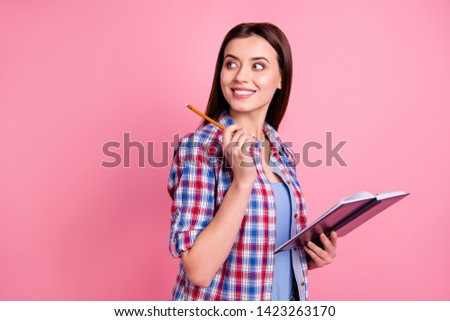 Close up side profile photo beautiful amazing she her lady wondered look side empty space planner pen hands arms pensive ponder wear casual checkered plaid shirt clothes isolated pink background