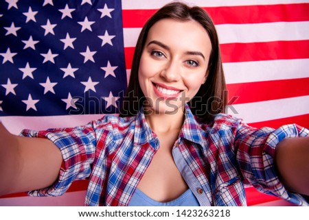 Close up photo cute beautiful charming pretty lady person people make photos positive cheerful green card vacation traveler education hipster isolated checked shirt plaid modern clothing background
