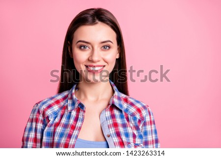 Close up photo of charming nice pretty lady people cute good-looking university free time college independent wear plaid fashionable outfit isolated pink pastel background