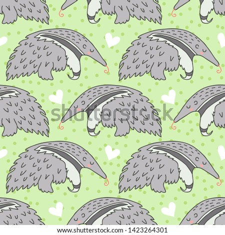 Seamless pattern with cute cartoon sleeping anteater vector illustration