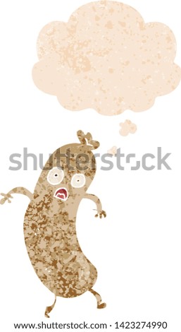 cartoon sausage with thought bubble in grunge distressed retro textured style