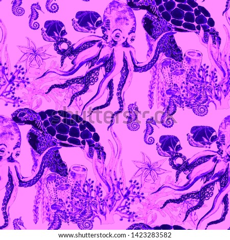 Watercolor seamless pattern with turtle, fish, seahorses and octopus in coral reef. Summer exotic print. Can be used for any kind of design