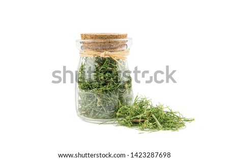 Pile of dried natural herbal medicine called Equisetum arvense the field horsetail or common horsetail isolated on white next to filled glass jar. Royalty-Free Stock Photo #1423287698