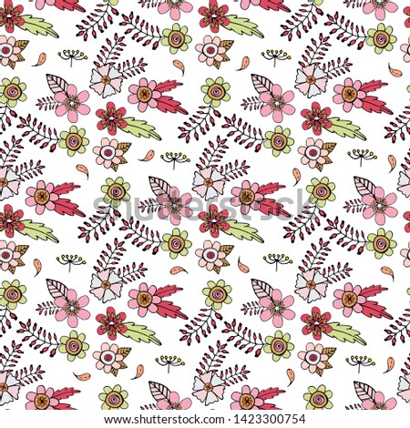 Seamless pattern with floral doodles on white background. Bright endless texture with romantic floral elements. Raster copy
