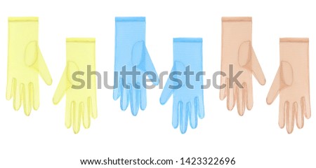 Beautiful set of three pairs of bright acid green, blue and beige trendy transparent mesh gloves without a pattern, for design, clipping, mock-up, flat lay, isolated on white background