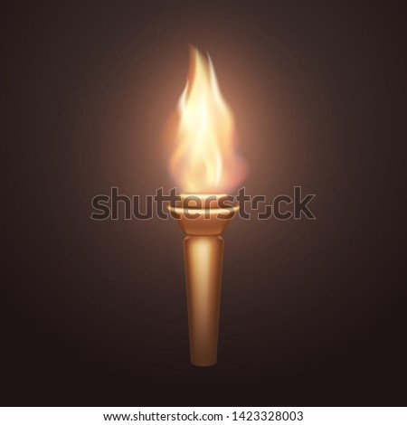 Torch flame isolated on dark background. 3d medieval light icon. Vector wooden torch with burning fire element design.
