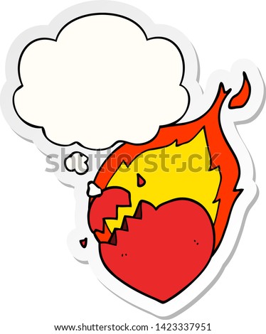 cartoon flaming heart with thought bubble as a printed sticker