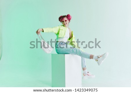 neon green bag fashion retro woman with pink hair