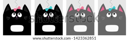 Notebook cover Composition book template. Black gray cat kitty head looking at pink blue bow. Cute cartoon character set line. Pet baby collection Card. Flat design. White background. 