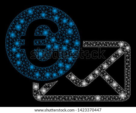 Bright mesh Euro message with glare effect. Abstract illuminated model of Euro message icon. Shiny wire frame triangular mesh Euro message. Vector abstraction on a black background.