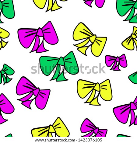 Cute vector seamless pattern with colored cartoon bows on dark green background, fabric blank, packing pattern, design