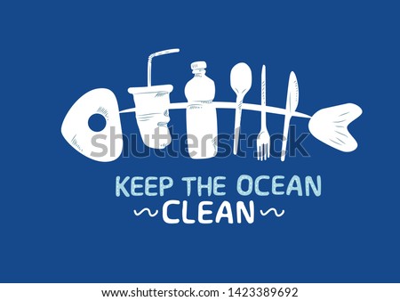 Ocean pollution vector illustration. Fish bone consisting of plastic bottle, straw, cup and spoon. Keep the sea, plastic free concept Royalty-Free Stock Photo #1423389692