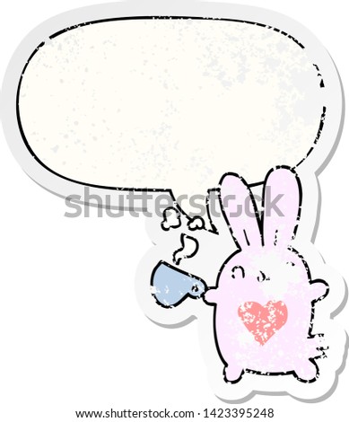 cute cartoon rabbit with love heart and coffee cup with speech bubble distressed distressed old sticker