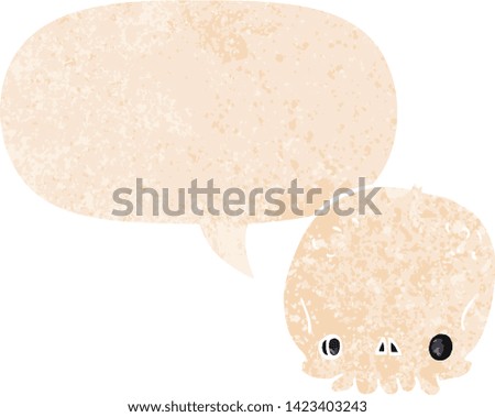 cartoon skull with speech bubble in grunge distressed retro textured style