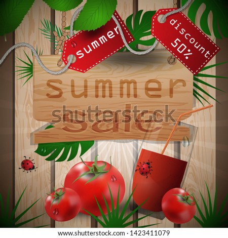 vector illustration of wooden boards, background of leaves, concept design for decoration on the theme of summer drinks with images of fruits, leaves and cups with juice with  sales, clipping mask EPS