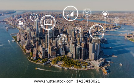 Marketing concept with aerial view of Manhattan, NY skyline