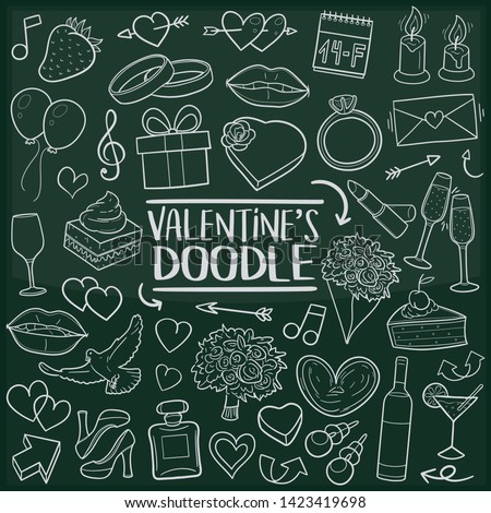 Romantic Valentine's Day. Chalkboard Doodle Icons. Sketch Hand Made Design Vector Art.