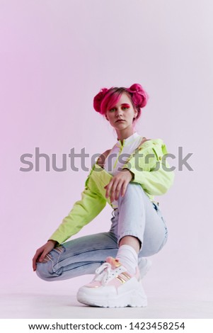 Woman with pink hair fashion style retro